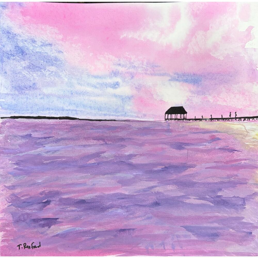 Hand painted watercolor original painting purple ocean scene with pier/dock